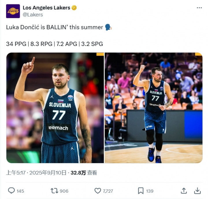 开云官网-场均34+8.3+7.2+3.2断！湖人官推晒东契奇欧锦赛数据：77大杀四方